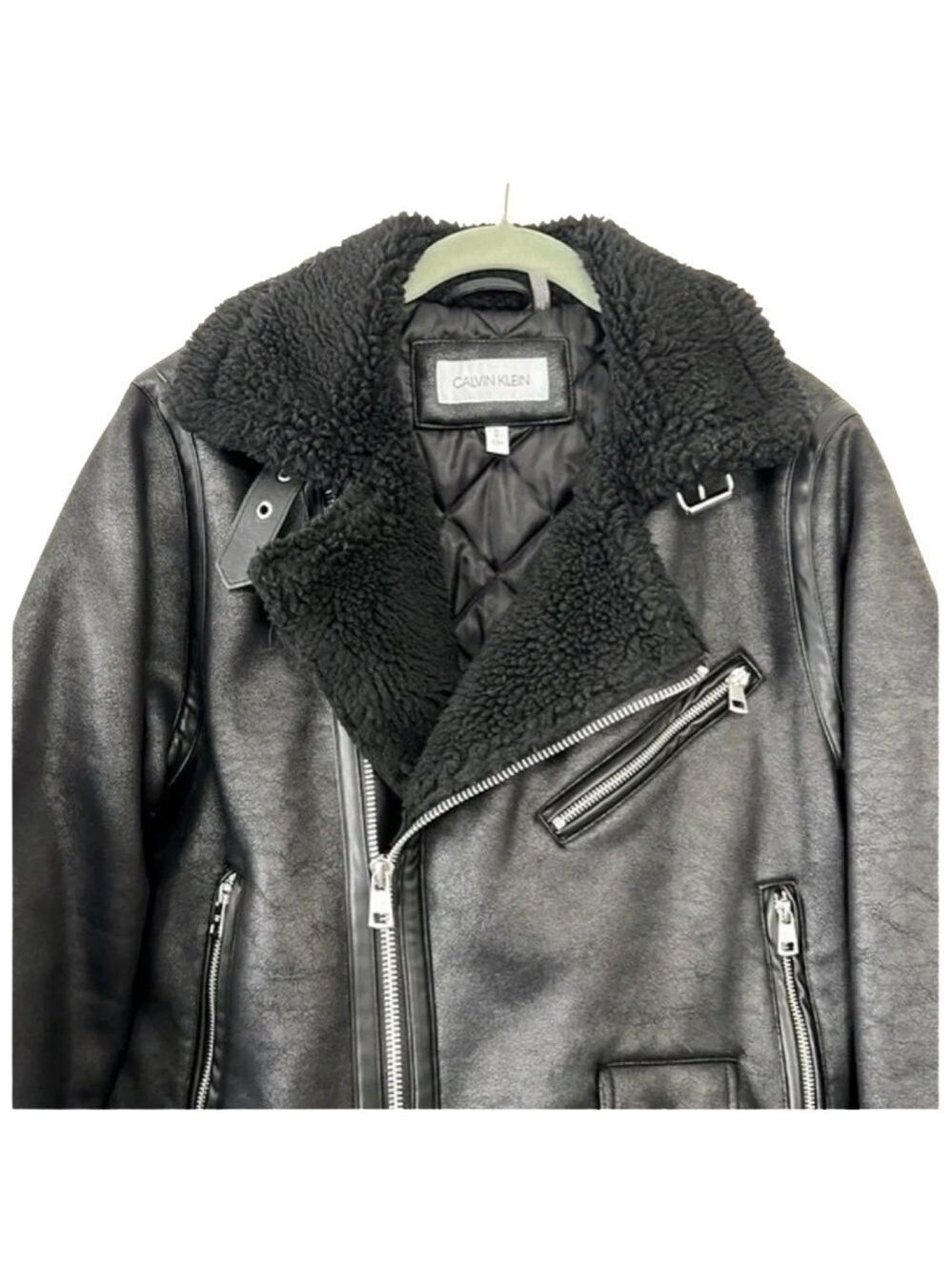 Calvin Klein Black Faux Shearling Motorcycle Jacket NWT Size M - Picture 5 of 12
